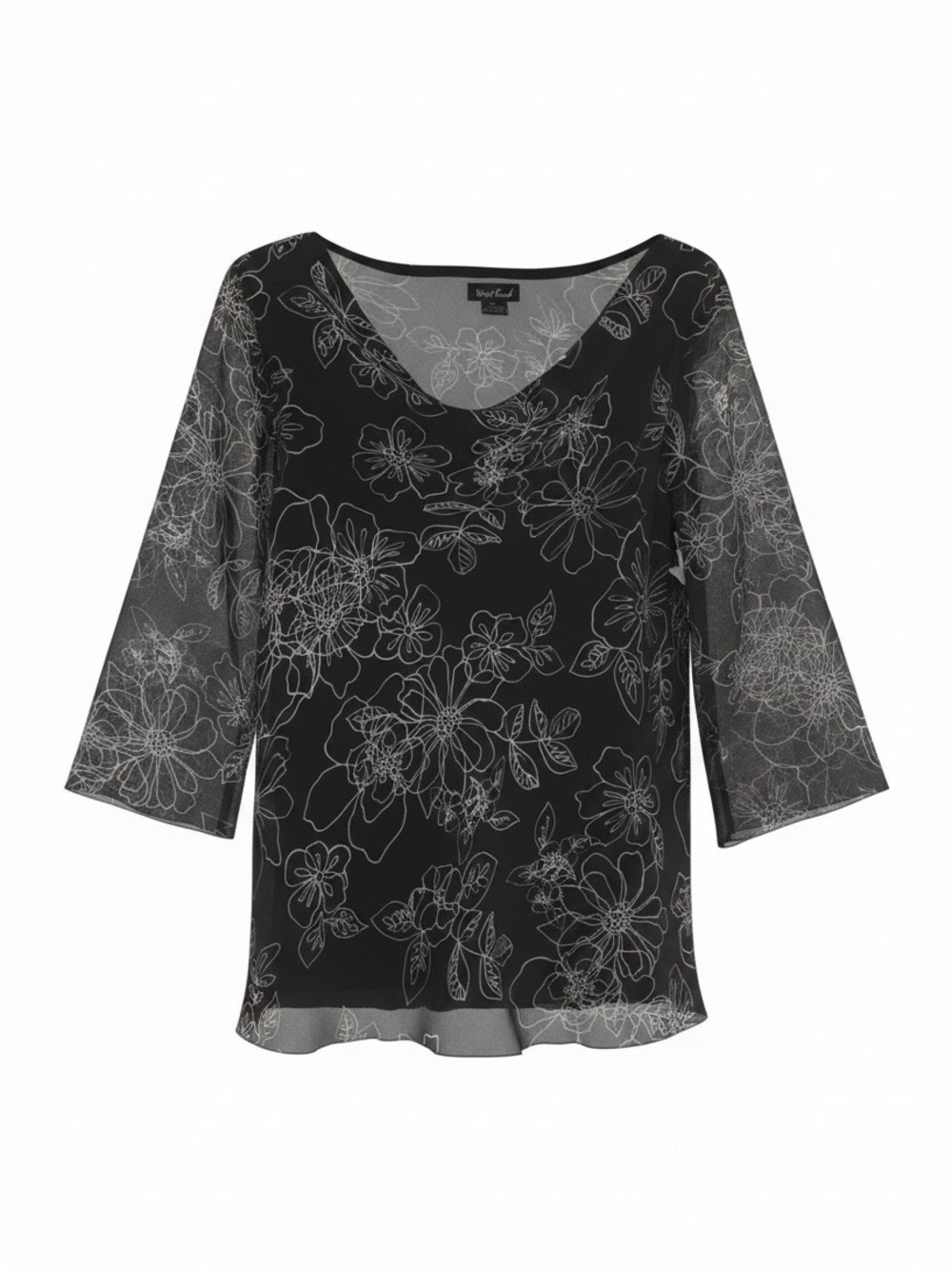 West End Black Floral Sheer Overlay Blouse with Scoop Neckline